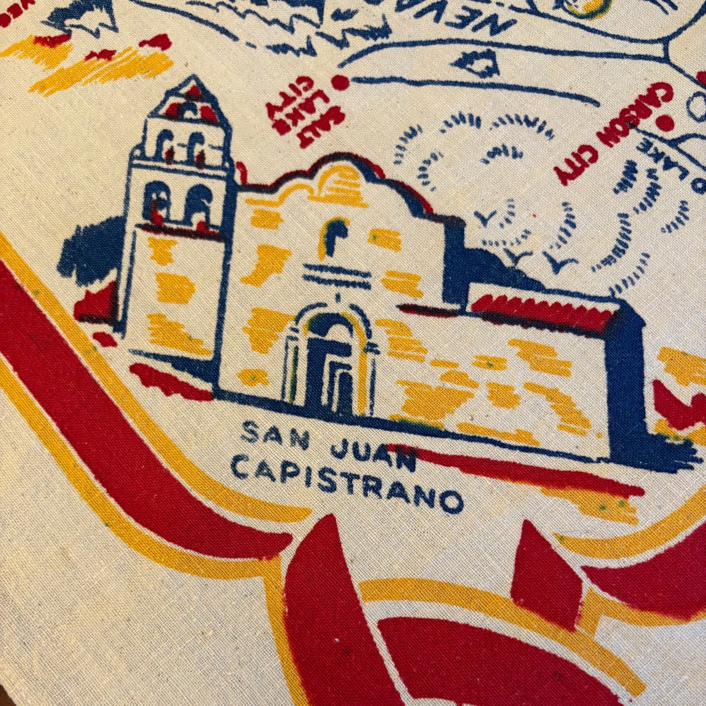 Vintage California Souvenir Linen Tablecloth | Illustrated State Map with Missions & Landmarks | Mid-Century Travel Textile