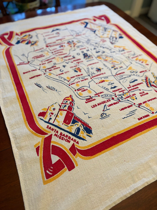 Vintage California Souvenir Linen Tablecloth | Illustrated State Map with Missions & Landmarks | Mid-Century Travel Textile