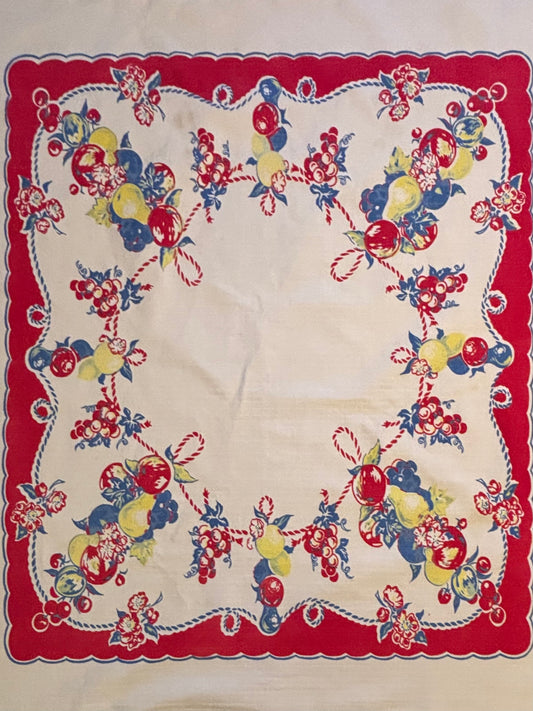 Vintage Fruit Border Tablecloth | Red Scalloped Edge with Apples, Grapes & Pears | Cottage Kitchen Charm