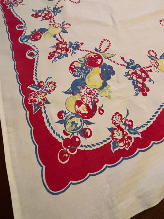 Vintage Fruit Border Tablecloth | Red Scalloped Edge with Apples, Grapes & Pears | Cottage Kitchen Charm