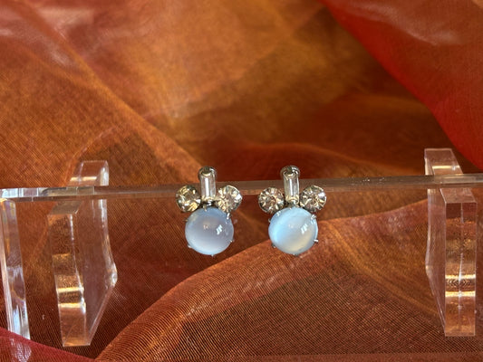 Vintage Blue Glass Cabochon & Rhinestone Earrings | Silver Tone | Mid-Century Screw Back