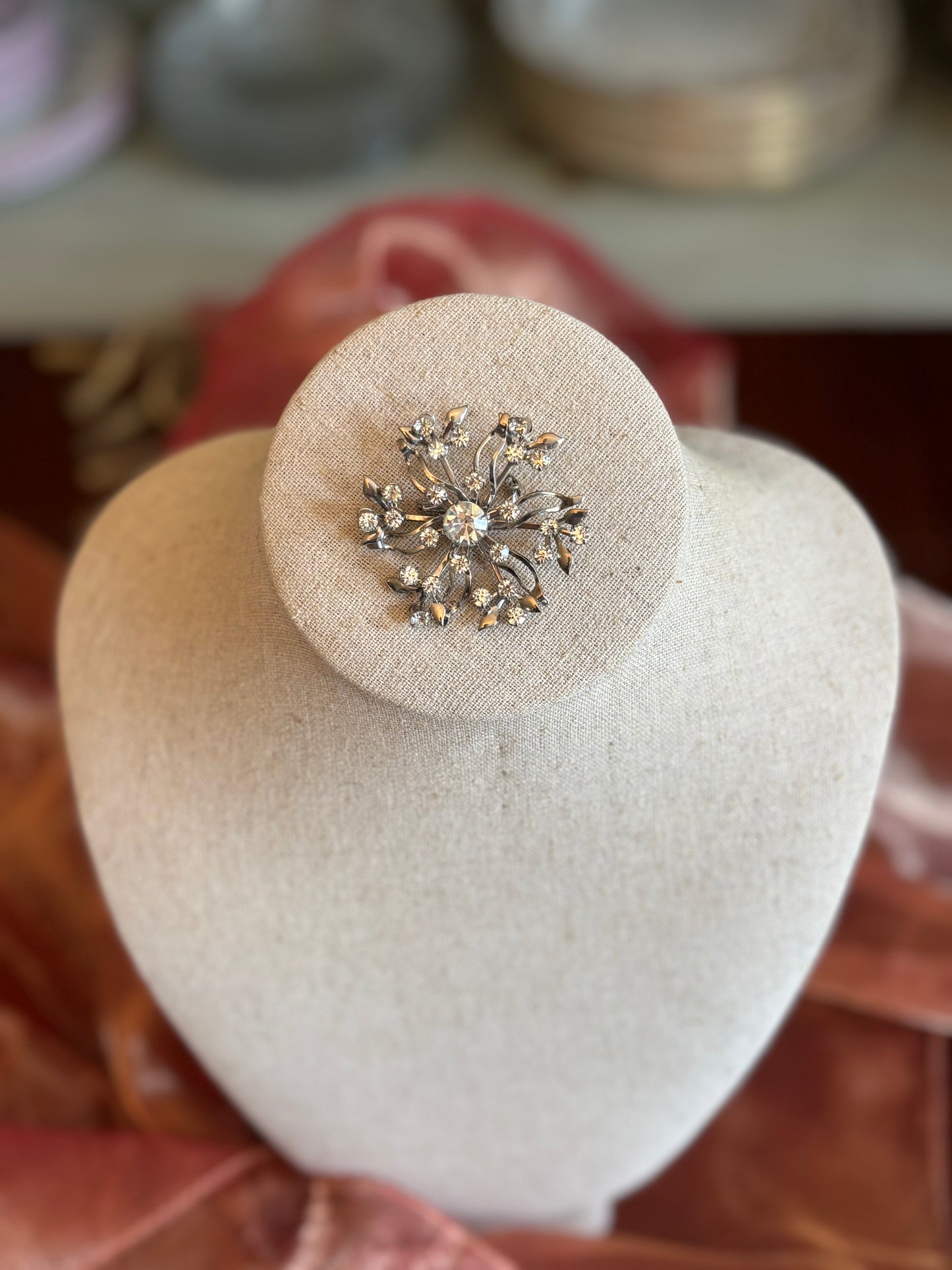 Vintage Rhinestone Spray Brooch | Silvertone Mid-Century Floral Starburst Pin