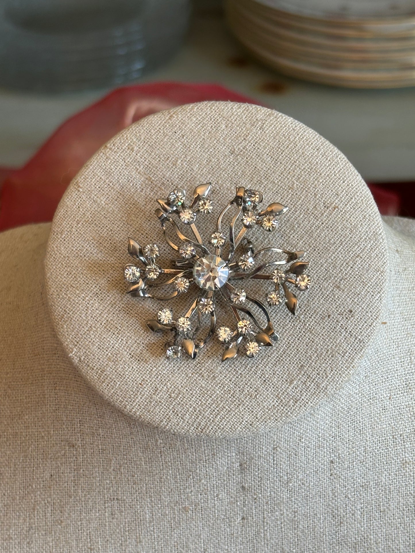 Vintage Rhinestone Spray Brooch | Silvertone Mid-Century Floral Starburst Pin