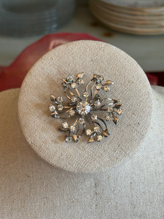 Vintage Rhinestone Spray Brooch | Silvertone Mid-Century Floral Starburst Pin