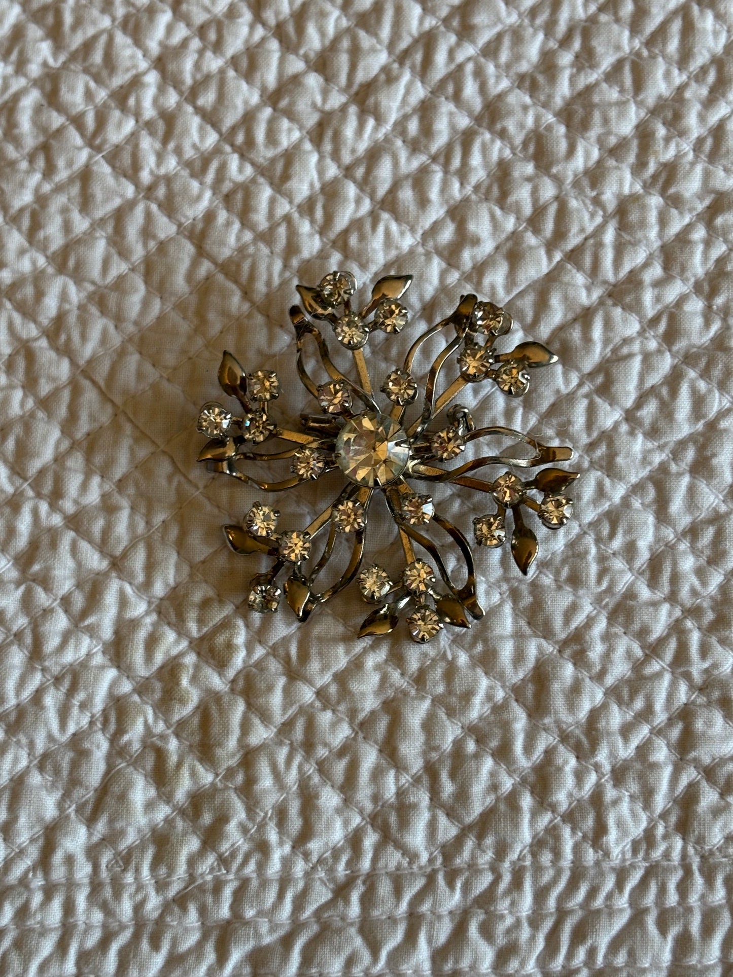 Vintage Rhinestone Spray Brooch | Silvertone Mid-Century Floral Starburst Pin