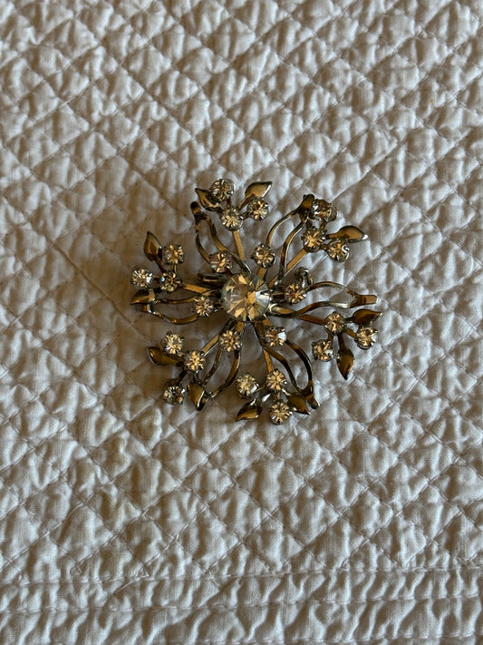 Vintage Rhinestone Spray Brooch | Silvertone Mid-Century Floral Starburst Pin