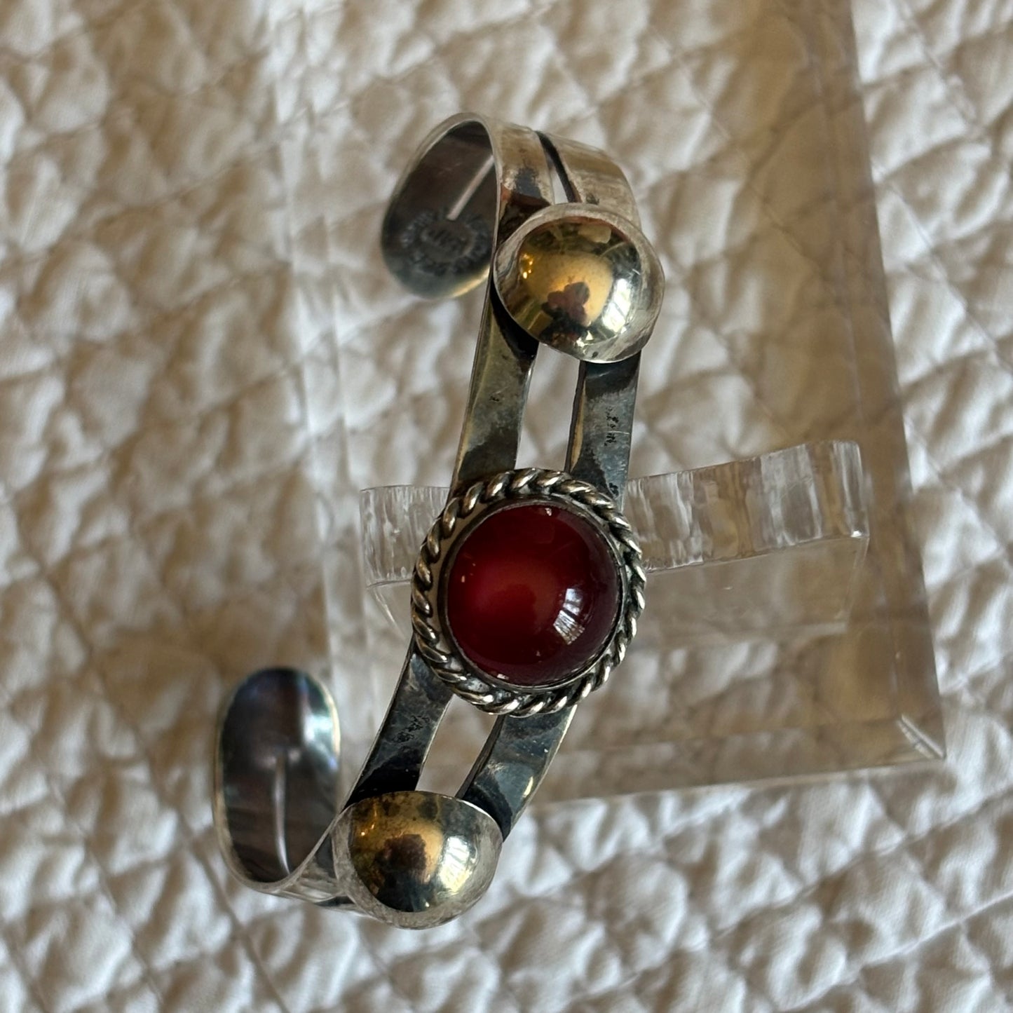 Vintage Child’s Bracelet Pair | Sterling Red Cabochon & Silver-Tone Hinged Cuff Duo