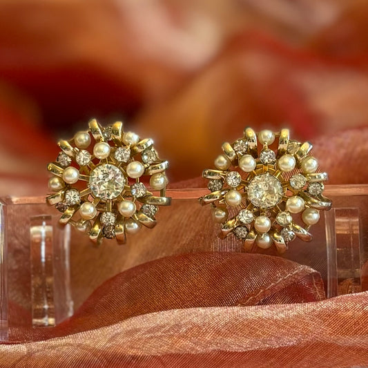 Vintage Rhinestone & Faux Pearl Clip Earrings | Mid-Century Starburst Design | Gold Tone
