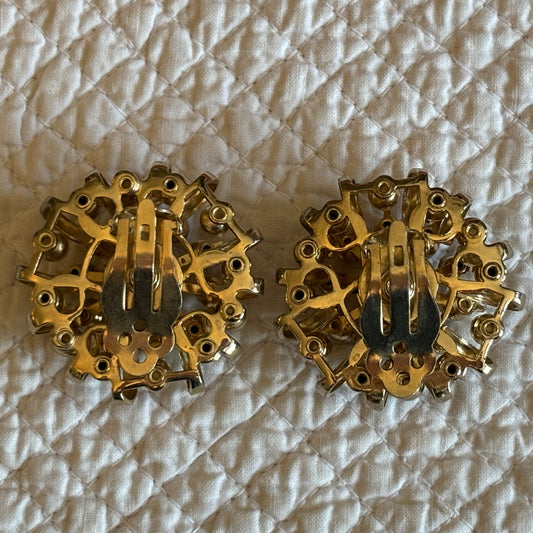 Vintage Rhinestone & Faux Pearl Clip Earrings | Mid-Century Starburst Design | Gold Tone