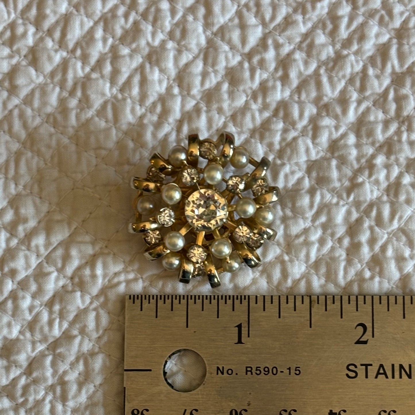 Vintage Rhinestone & Faux Pearl Clip Earrings | Mid-Century Starburst Design | Gold Tone