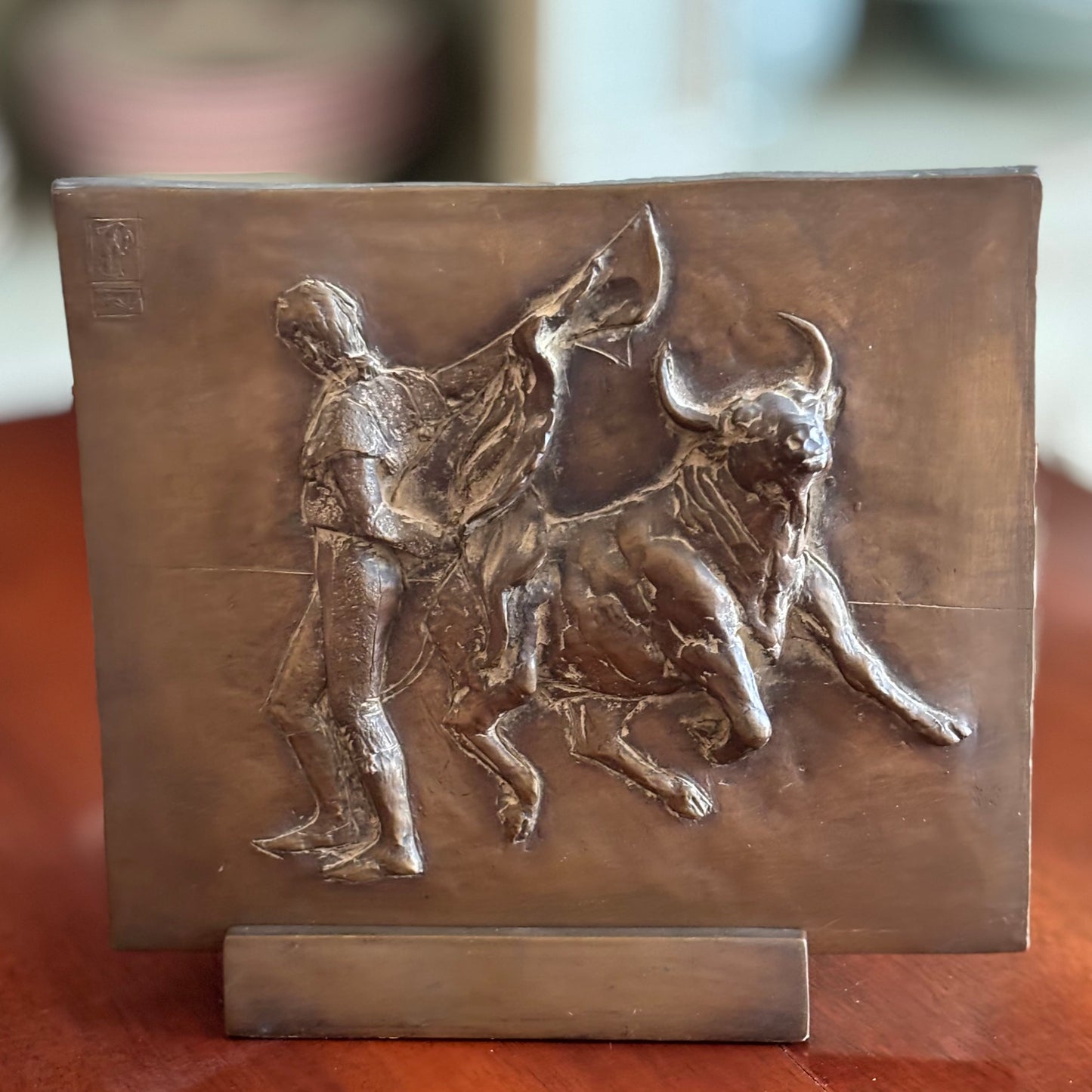 Mid-Century European Bronze Bullfighting Relief Plaque with Stand