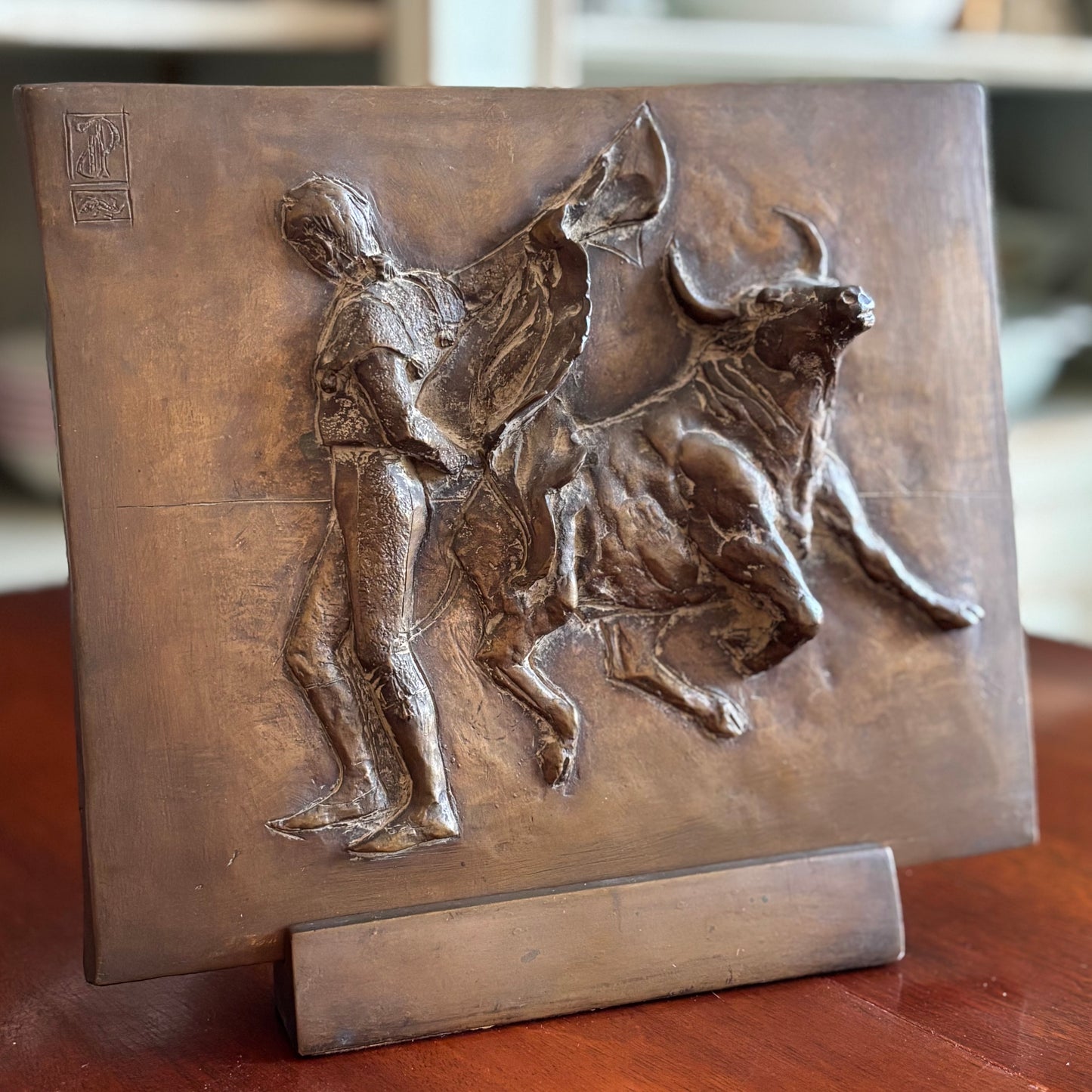 Mid-Century European Bronze Bullfighting Relief Plaque with Stand