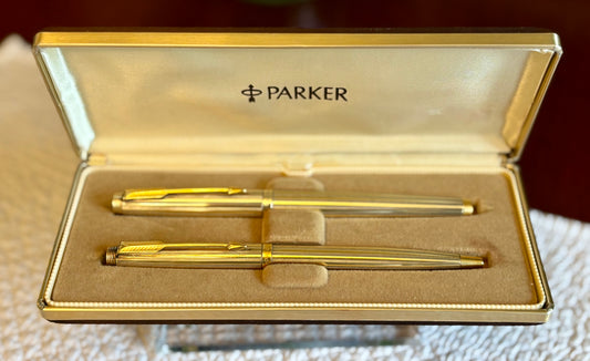 Parker 75 Florence Sterling Vermeil Pen Set | Argent Massif | 18K Medium Nib | Fountain Pen & Ballpoint in Original Box