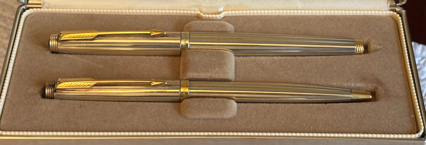 Parker 75 Florence Sterling Vermeil Pen Set | Argent Massif | 18K Medium Nib | Fountain Pen & Ballpoint in Original Box