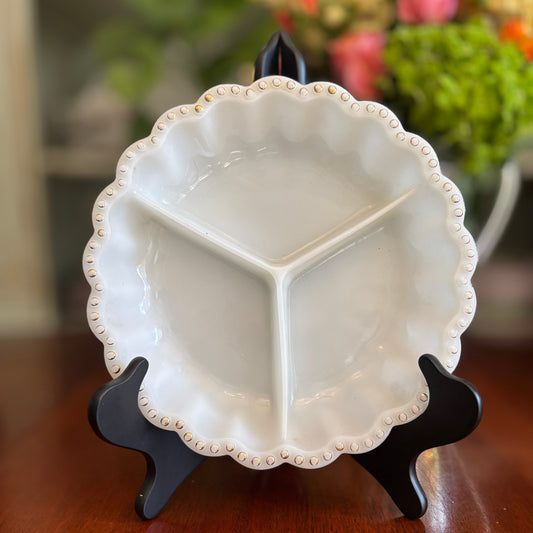 Vintage Anchor Hocking Fire-King Milk Glass Divided Relish Tray | Gold Beaded Rim | c. 1950s–1960s