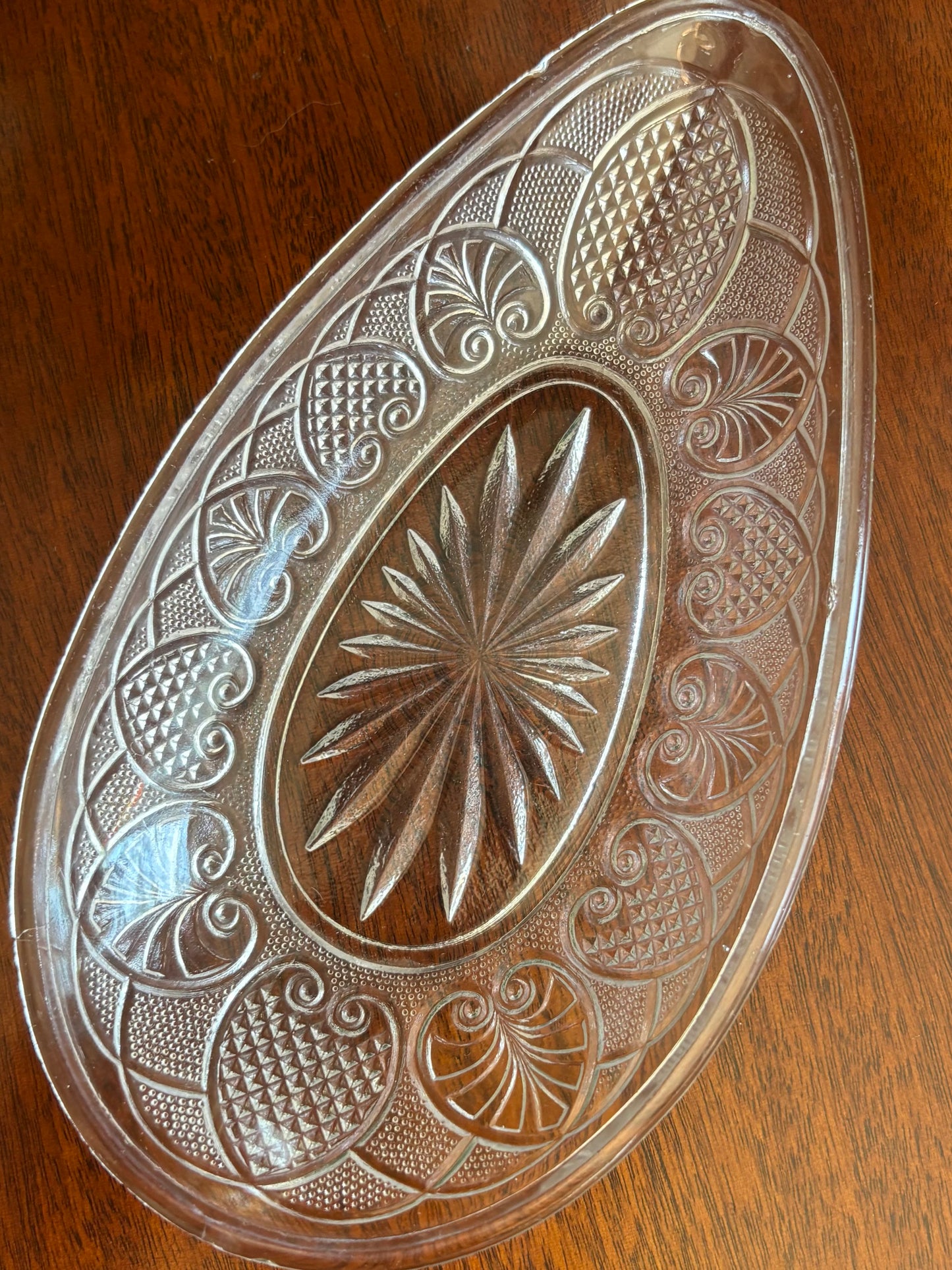 EBB-000184 Antique EAPG Oval Pickle Dish | Bryce, Walker & Co. Style | Starburst & Scroll Pattern | 1870s