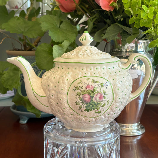 Vintage Hand-Painted Japanese Ceramic Teapot | Fruit Motif Barbotine Style