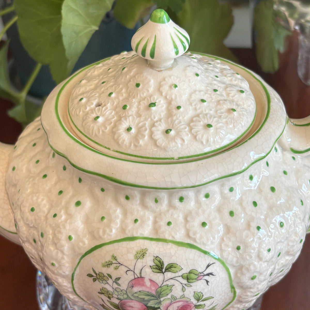 Vintage Hand-Painted Japanese Ceramic Teapot | Fruit Motif Barbotine Style