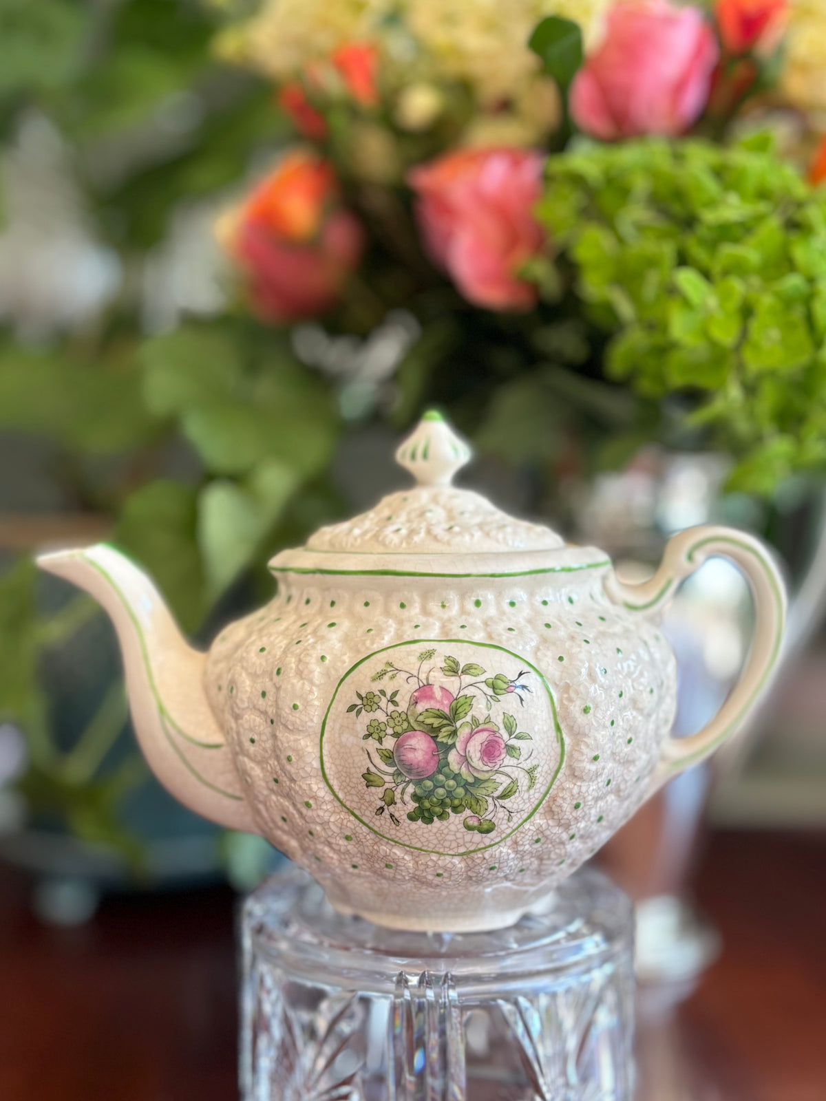 Vintage Hand-Painted Japanese Ceramic Teapot | Fruit Motif Barbotine Style