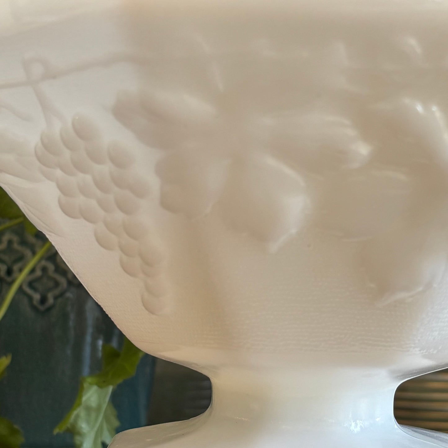 Vintage Milk Glass Grape Pattern Pedestal Compote Bowl