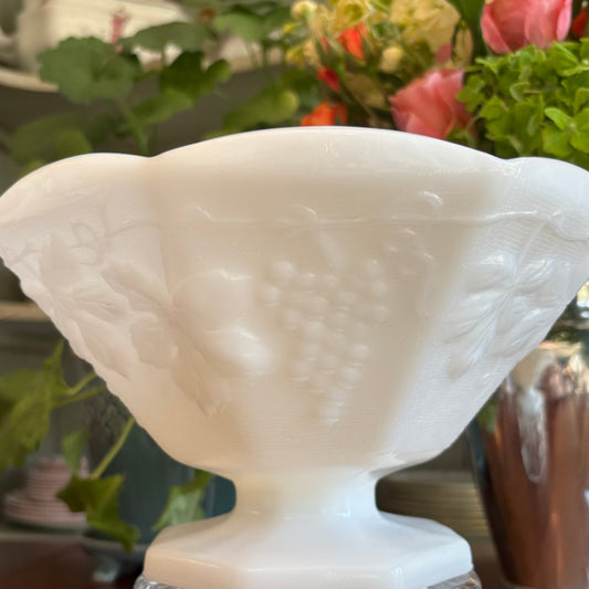 Vintage Milk Glass Grape Pattern Pedestal Compote Bowl