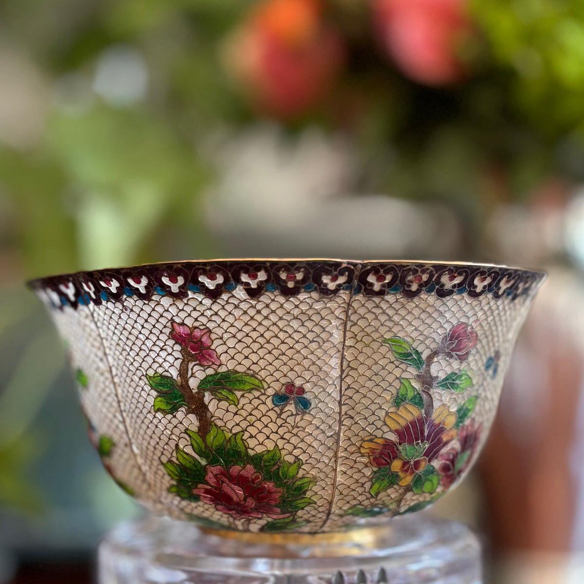 Vintage Cloisonné Enamel Bowl | Floral Panel Design with Cracked Ice Ground