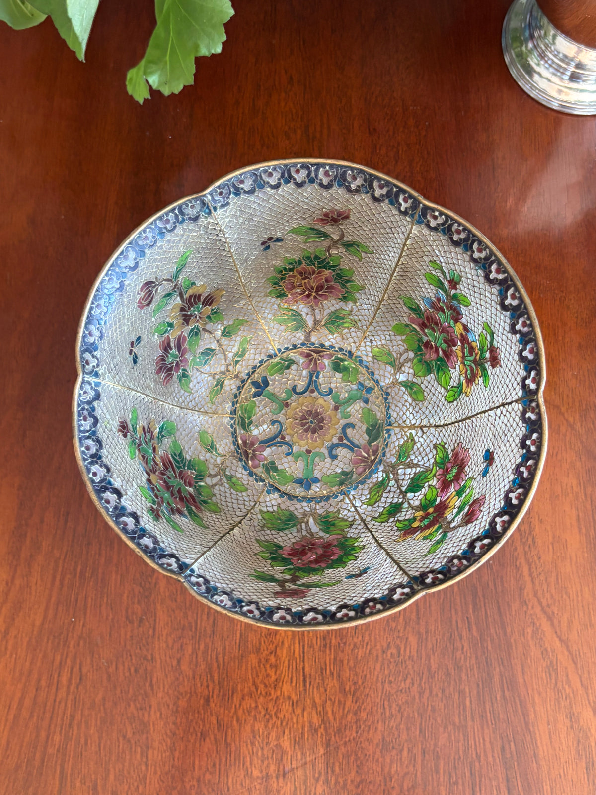 Vintage Cloisonné Enamel Bowl | Floral Panel Design with Cracked Ice Ground
