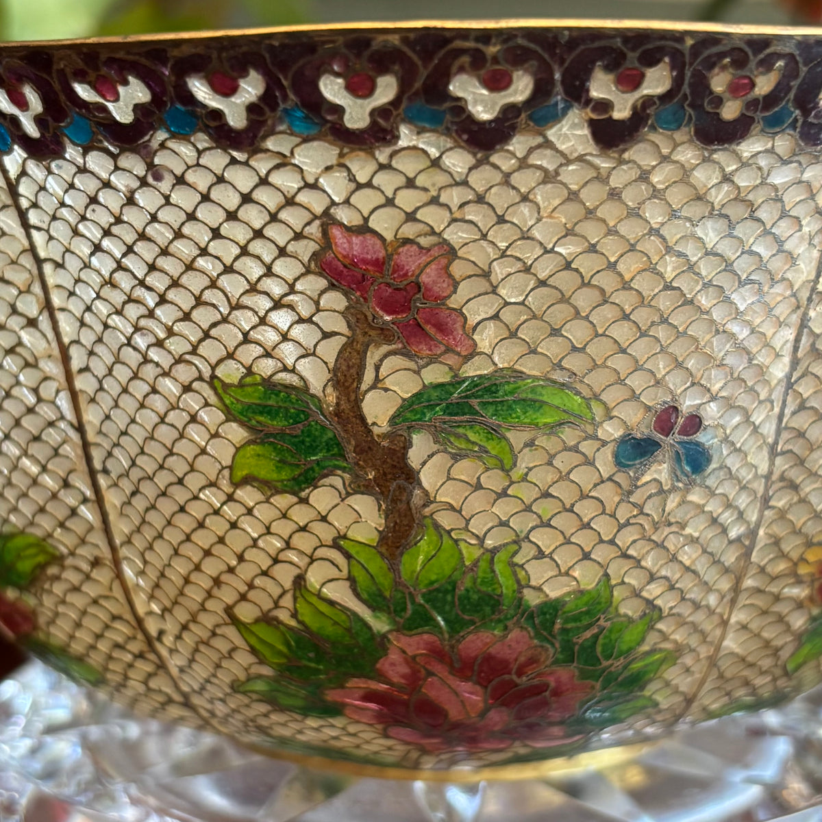 Vintage Cloisonné Enamel Bowl | Floral Panel Design with Cracked Ice Ground