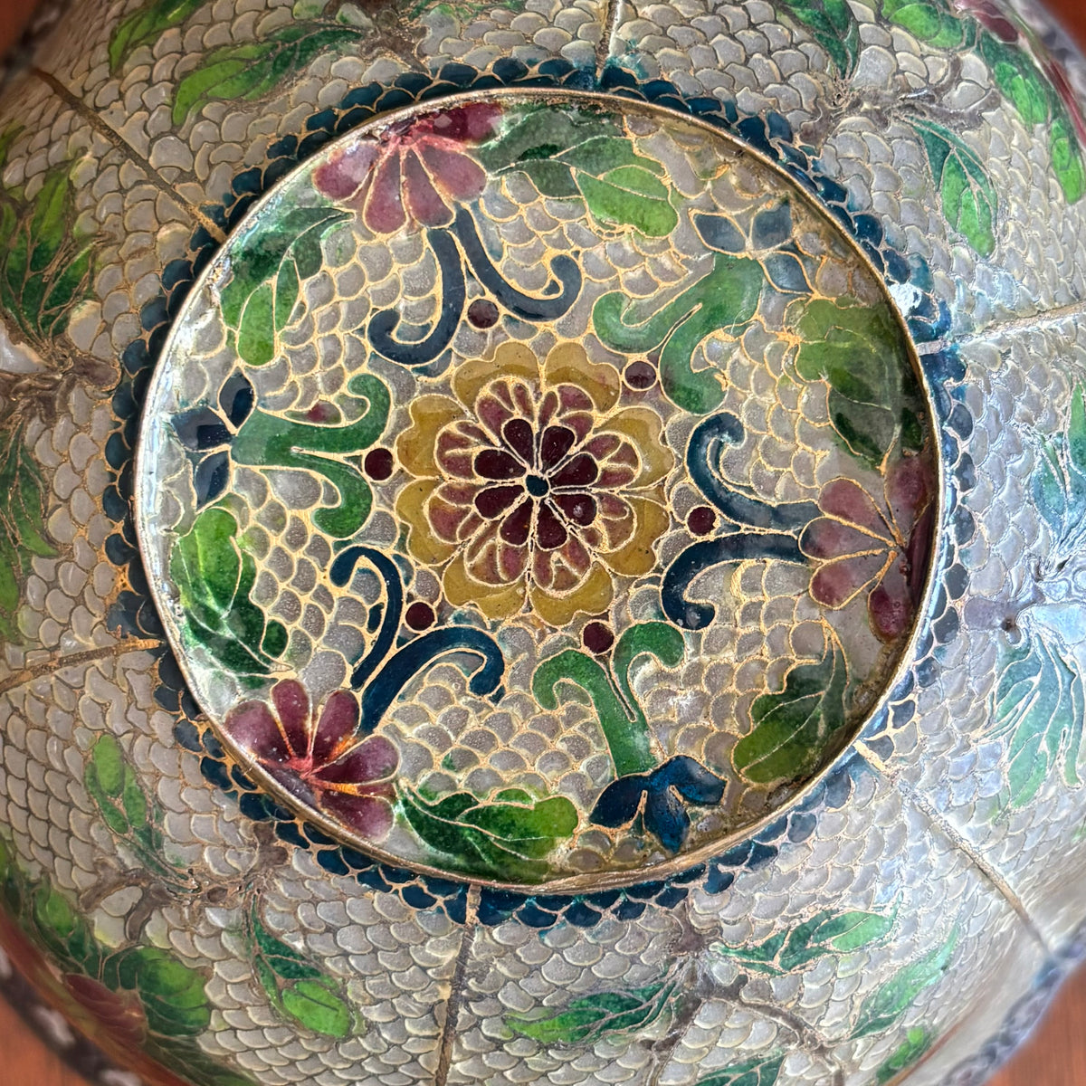 Vintage Cloisonné Enamel Bowl | Floral Panel Design with Cracked Ice Ground