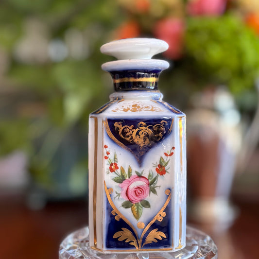 Vintage Porcelain Apothecary-Style Jar with Stopper | Cobalt, Hand-Painted Floral & Timeworn Gilt