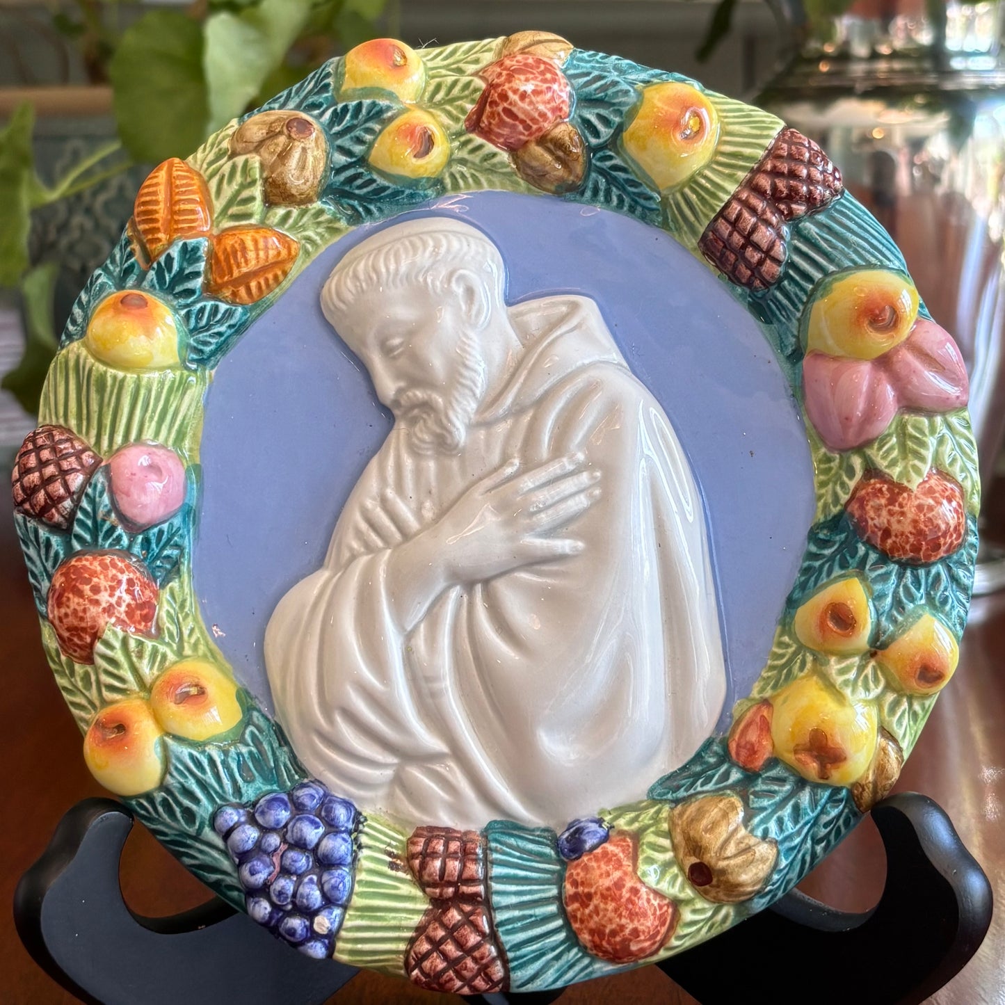 Vintage Niccacci Deruta Italian Wall Plaque | St. Francis Relief with Fruit Garland
