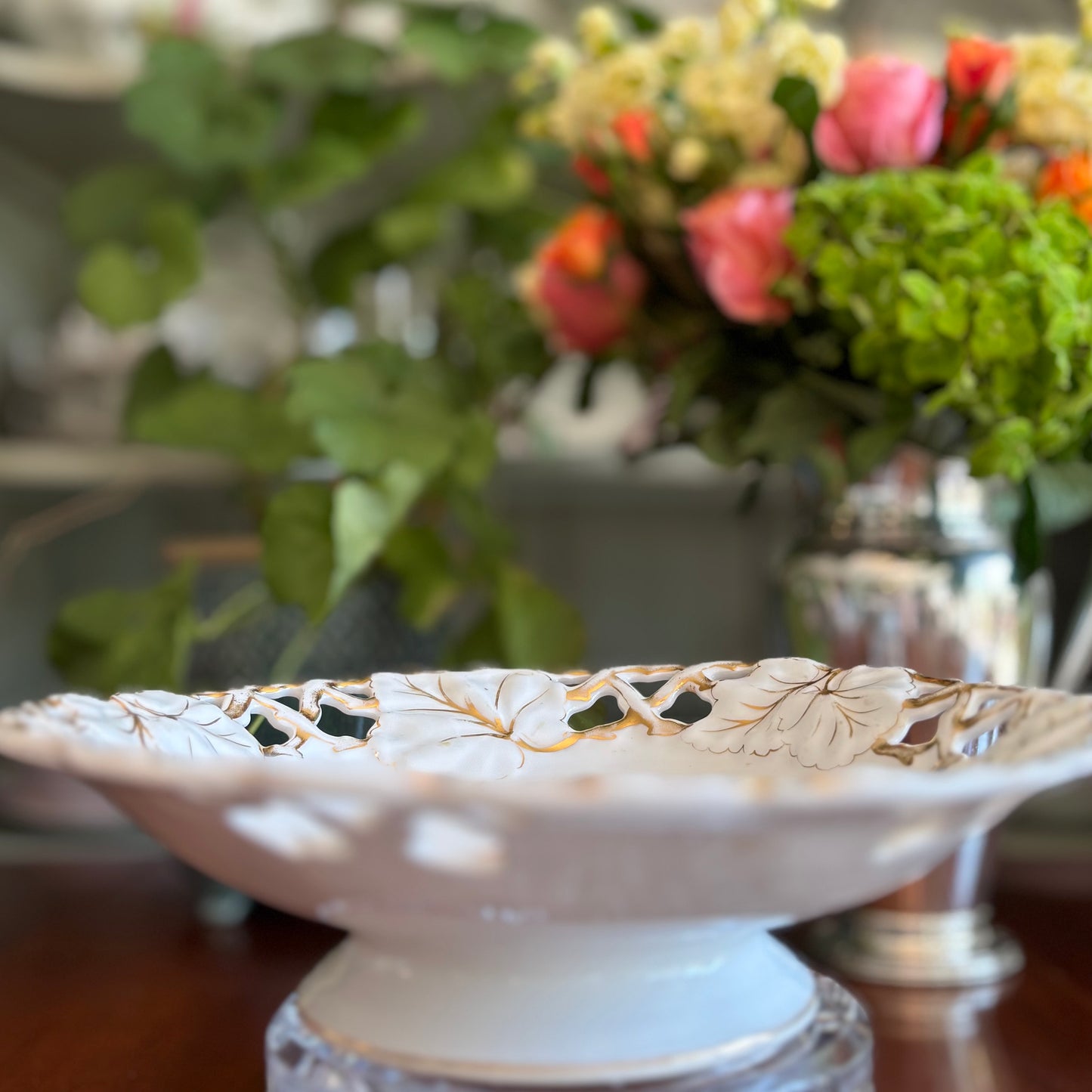 Vintage Footed Reticulated Porcelain Compote with Hand-Painted Fruit & Gilt Floral Rim