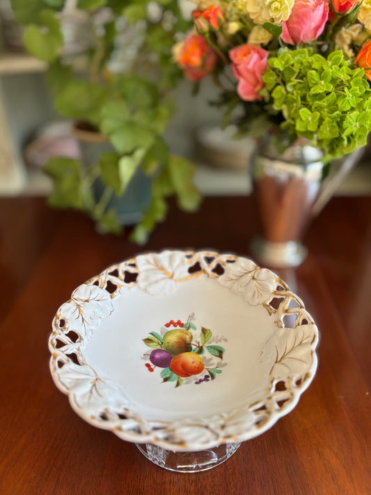 Vintage Footed Reticulated Porcelain Compote with Hand-Painted Fruit & Gilt Floral Rim