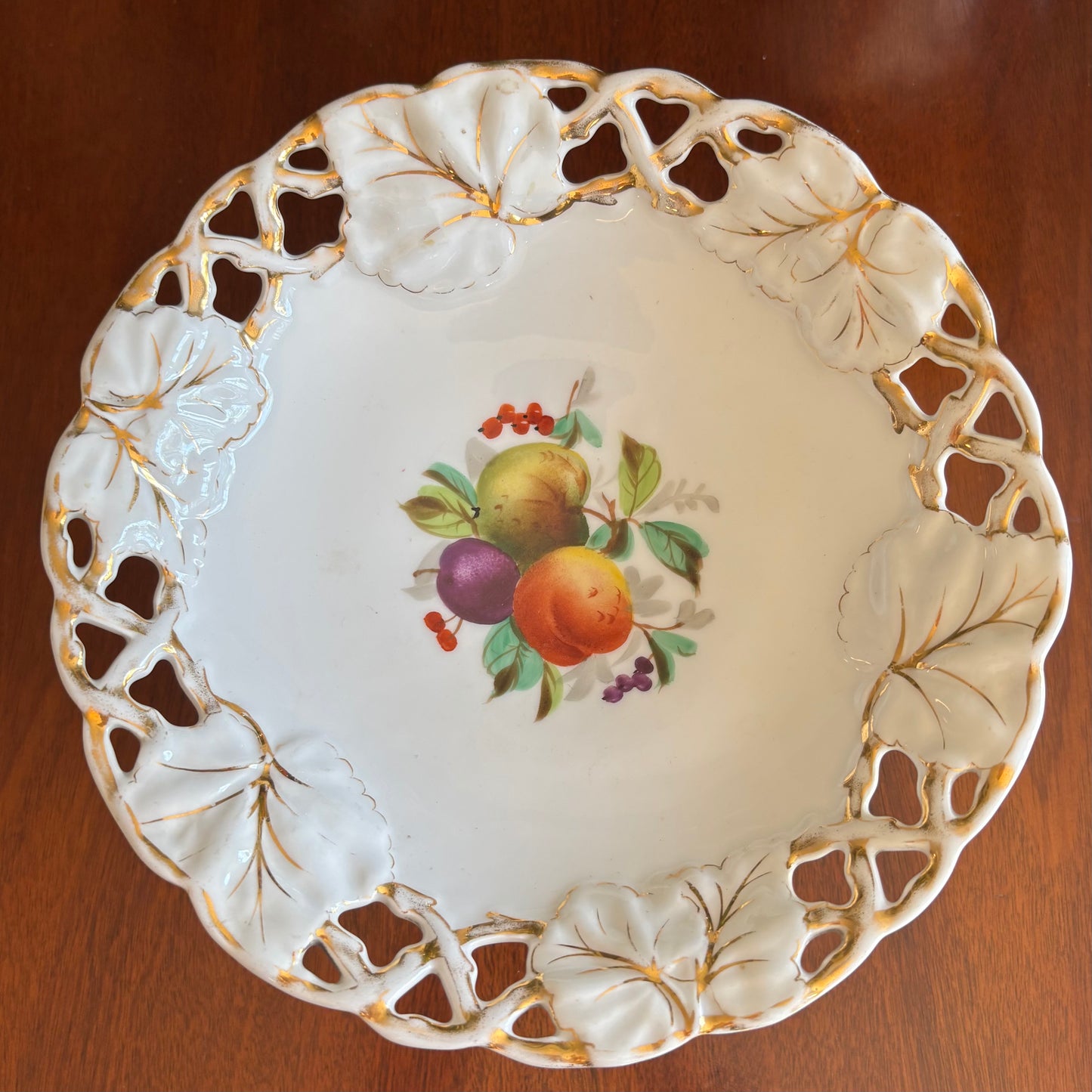 Vintage Footed Reticulated Porcelain Compote with Hand-Painted Fruit & Gilt Floral Rim