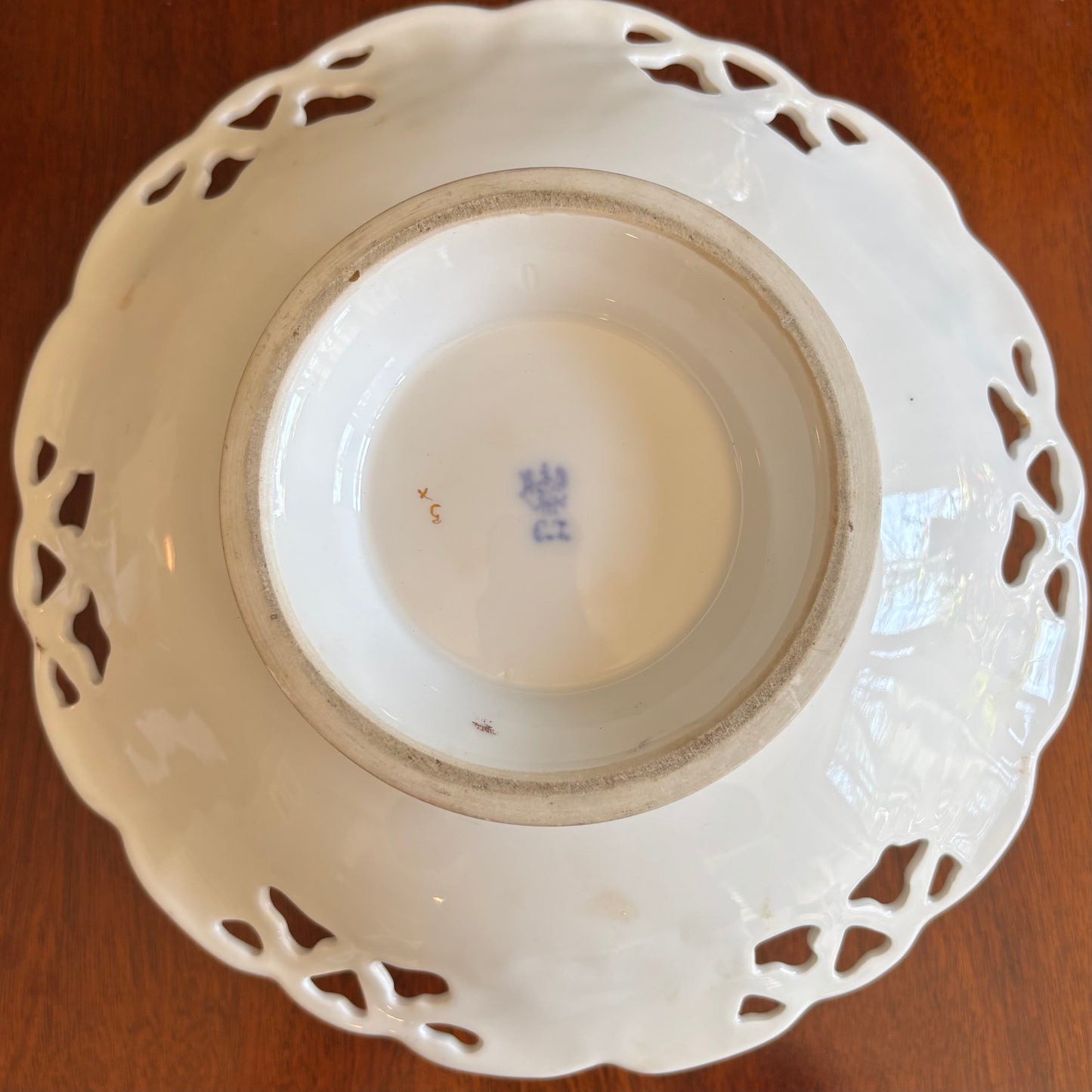 Vintage Footed Reticulated Porcelain Compote with Hand-Painted Fruit & Gilt Floral Rim