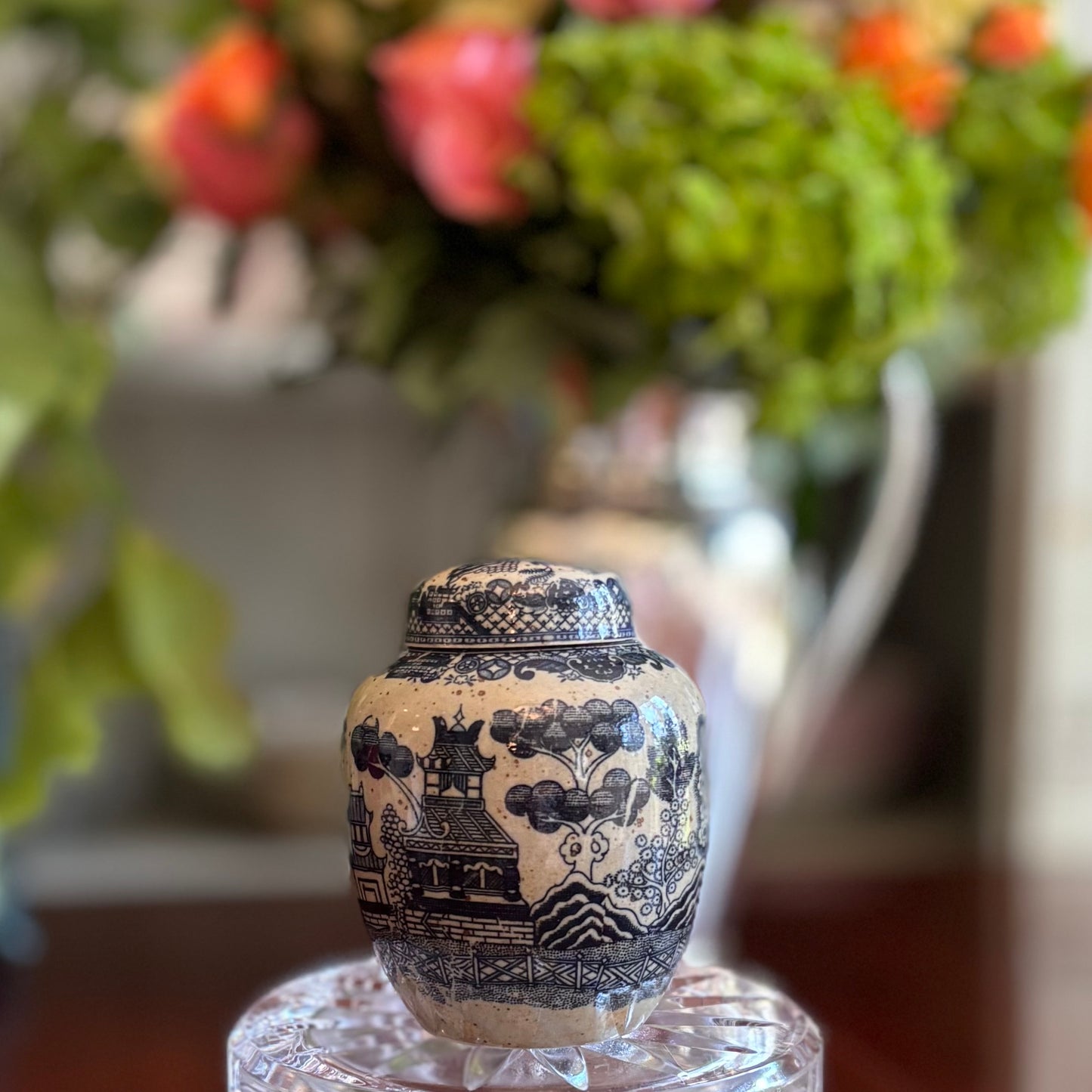 Vintage Japanese Blue & White Lidded Jar | Chinoiserie Scenic Canister | 4”