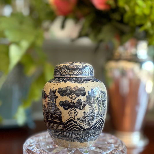 Vintage Japanese Blue & White Lidded Jar | Chinoiserie Scenic Canister | 4”