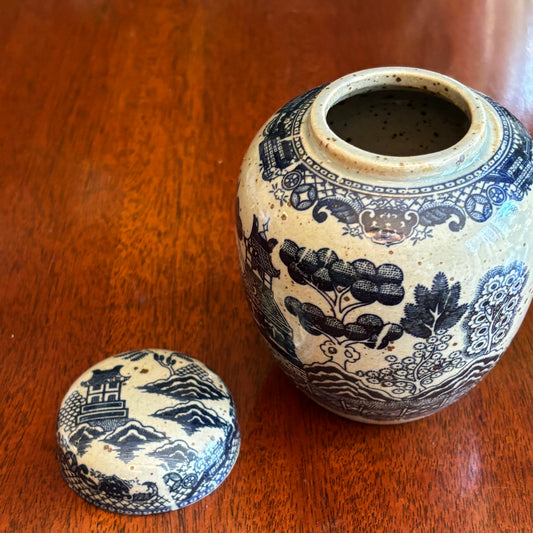 Vintage Japanese Blue & White Lidded Jar | Chinoiserie Scenic Canister | 4”